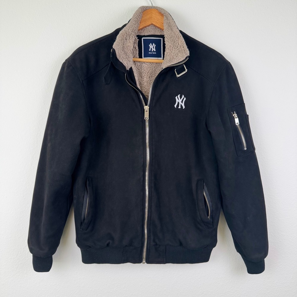 New York Yankees Bomber Jacket Mens XXL Black Sherpa Lined Streetwear Logo